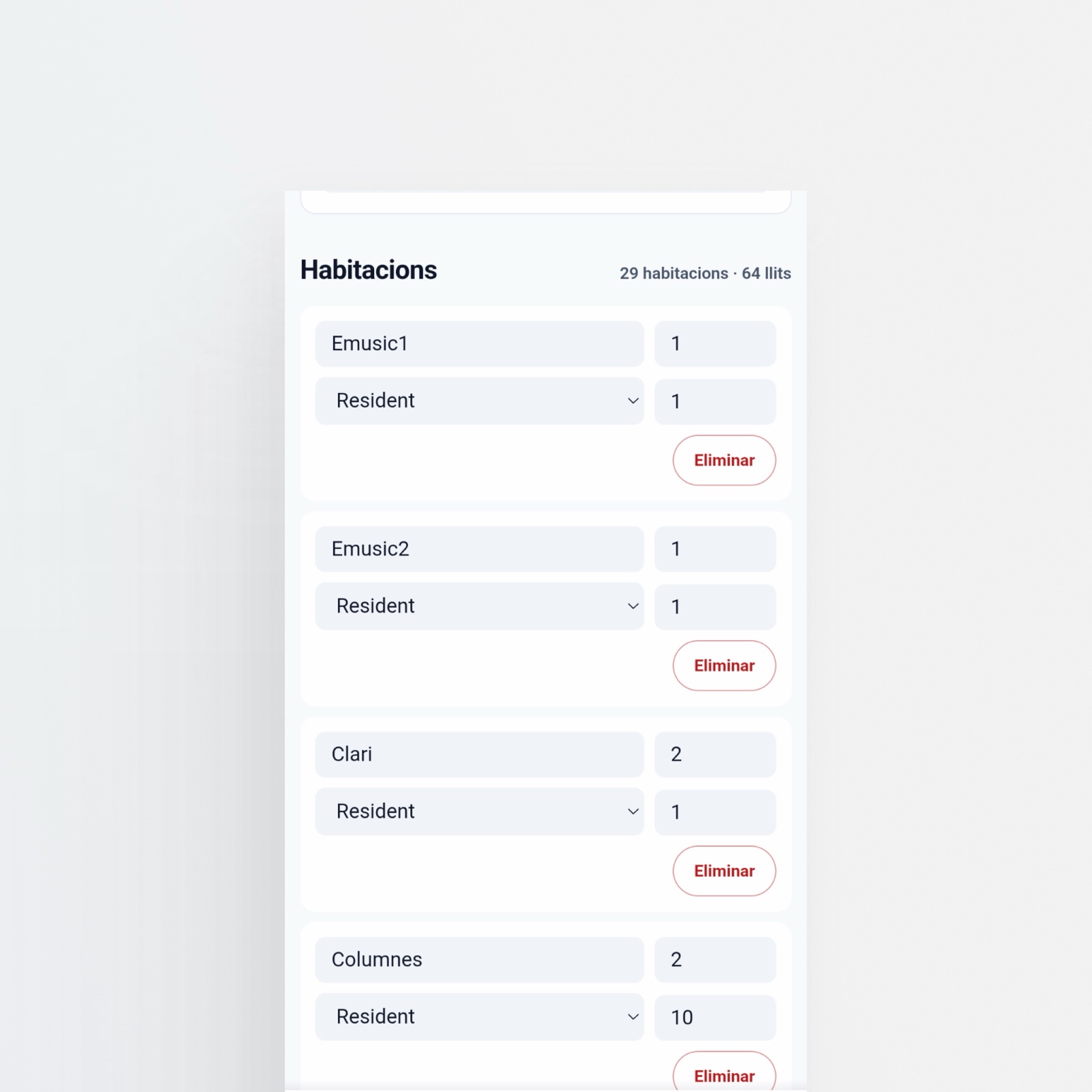 Antes: pantalla de backoffice separada para gestionar la capacidad de las habitaciones