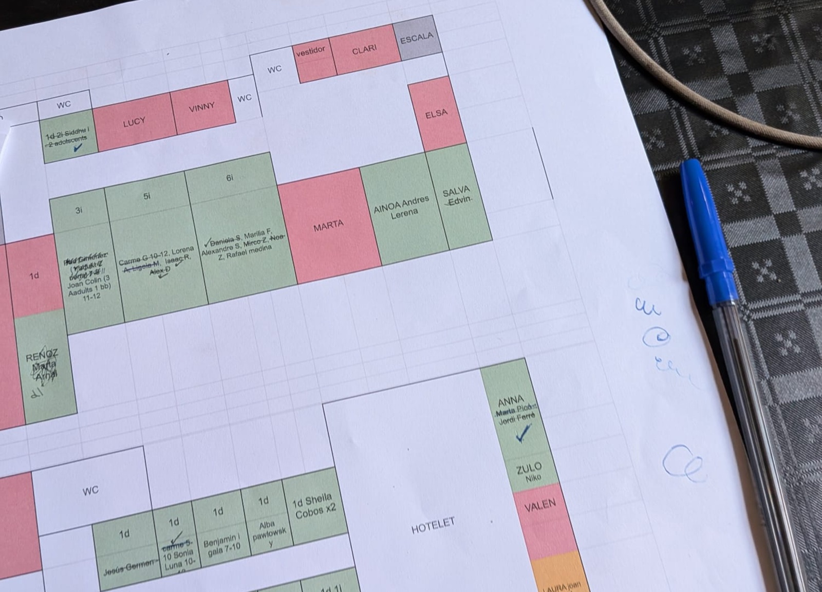 Foto del papel con el plano de las habitaciones del Konvent: un plano impreso con habitaciones marcadas a mano con rotulador rojo, verde y naranja, y los nombres de las personas escritos a bolígrafo en cada celda.