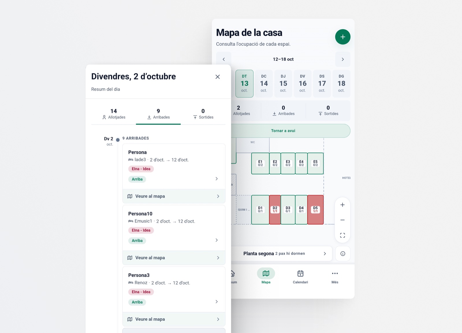 Captura de K Rooms con el resumen del día superpuesto al Mapa de la casa: a la izquierda, el panel «Divendres, 2 d'octubre» con 14 alojados, 9 llegadas y 0 salidas y la lista de personas que llegan, cada una con su habitación y un acceso «Veure al mapa»; a la derecha, el mapa con la semana del 12 al 18 de octubre y las habitaciones coloreadas por ocupación.